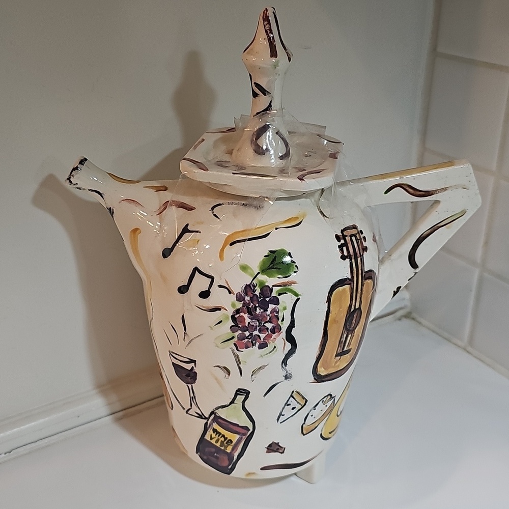 Whimsical Handpainted Musical & Vineyard Ceramic Coffee/Teapot 12" H Jazz Age